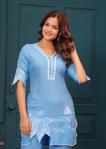 Fabnex Kurta Set For Women | Women Kurta | Women Kurta Sets Kurtis | Women Kurta Pant Set | Women Kurta Pant Set Women (K-117-Blue-S)
