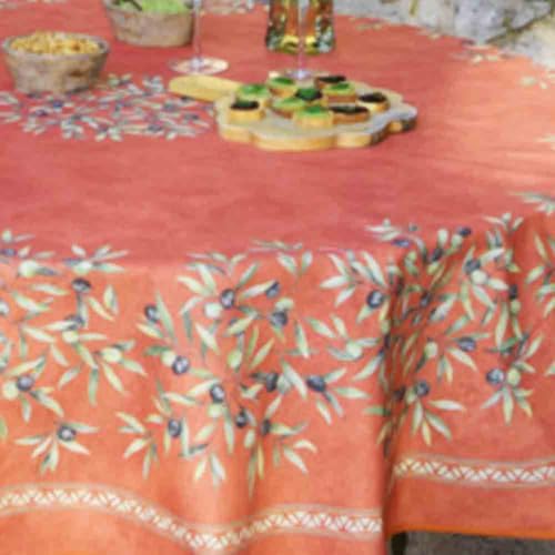 Générique Nappe Ronde Coton Enduit, Motif Oliveraie, Terracotta, 180 cm, Style Provençal, Lavable en Machine