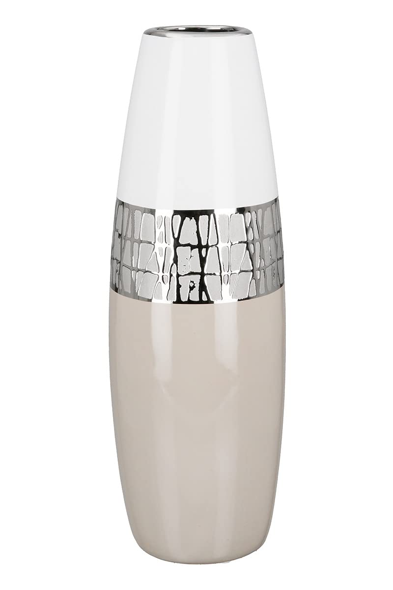 GILDE Vaso decorativo per erba della pampa, vaso conico in ceramica, decorazione soggiorno, regalo per donne, compleanno, festa della mamma, colore: bianco, argento, beige, altezza 36 cm