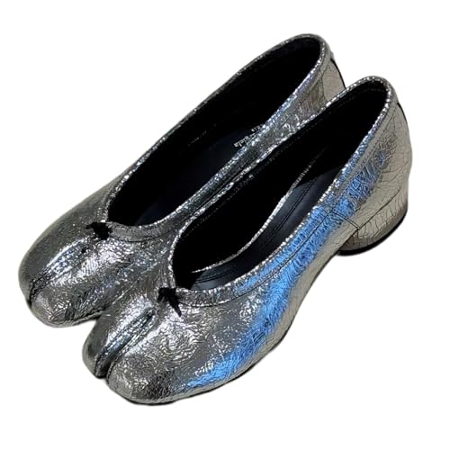 Shiny Metallic Split Toe Flats for Women | Silver & Black Options | 3cm Heel, Elegant Bow Design | Comfortable Party & Wedding Shoes