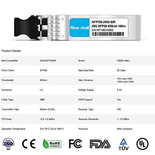Image of 25G SFP28 SR for Intel E25GSFP28SR E25GSFP28SRX 25GBASE-SR SFP28 850nm 100m DOM LC MMF Optical Transceiver Module