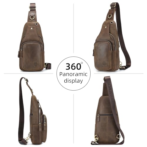 Image of Mens Sling Bag Genuine Leather Crossbody Bags for Men Small Sling Chest Backpack Casual Man Bag Hiking Outdoor, Coffee