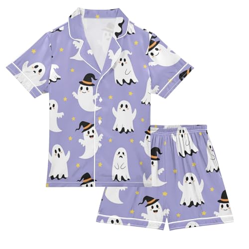 Satin Pajama Sets Short Sleeve Ghostly Figures on Purple Button Down Silky Nightwear 2 Piece PJS 5-14Y