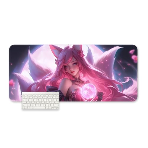 女の子、キツネ、 XL (80cm x 30cm)、拡張大型マウスマット デスクパッド、ステッチエッジ 、滑り止めラバーベース、キーボードパッド(11.8 x 31.5インチ) (1)