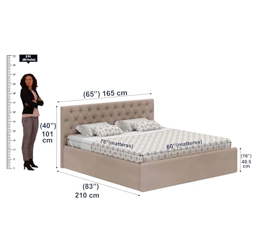 Image of Ganpati Arts Solid Sheesham Wood Upholstered Queen Size Bed with Box Storage and Tufted Headboard | Durable Wooden Double Bed Cot Palang for Bedroom, Hotels and Home Furniture (Beige-1 Year Warranty)