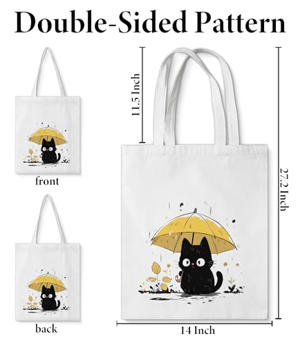 Image of Cute Cat Canvas Tote Bag for Women, Aesthetic Reusable Shoulder Bag for Shopping Travel Work