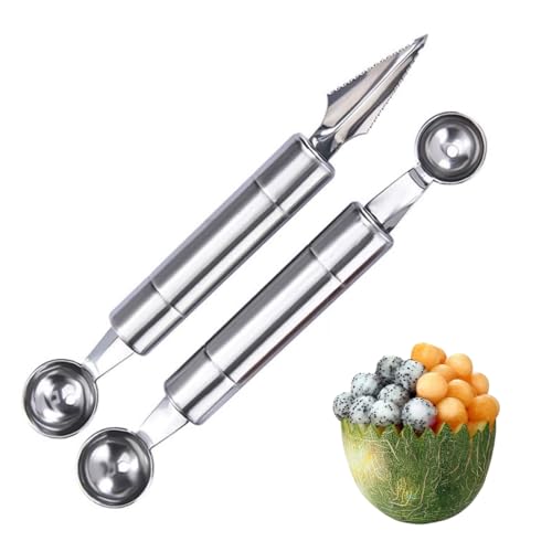 KEQAR 2 Pcs ustensiles en acier inoxydable, outil multifonctions cuillère à melon et découpe créative de fruits, idéal pour salade de fruits-DIY,...