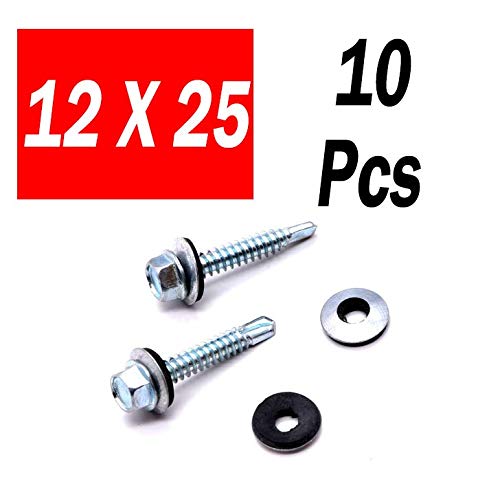 Rpi shop - 12 X 25 Self Drilling Screws Hex Head with rubber washer, Zinc Plated Pack Of 10 Pcs