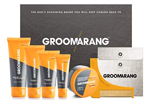 Mens Toiletry Gift Set GROOMARANG ‘Power of Man’ Toiletries Gift Set for Men Includes Hair & Body Wash, Face & Neck Cream, Shaving Gel, Aftershave Gel, Beard Shaping Comb & Hair Paste