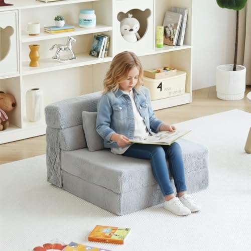Image of Tiita Convertible Folding Kids Sofa Bed with Pillow & Storage Bag, Plush Fabric Floor Mattress Couch Bed, Washable Cover, Kids Room, Playroom, Dorm, Apartment, White Grey
