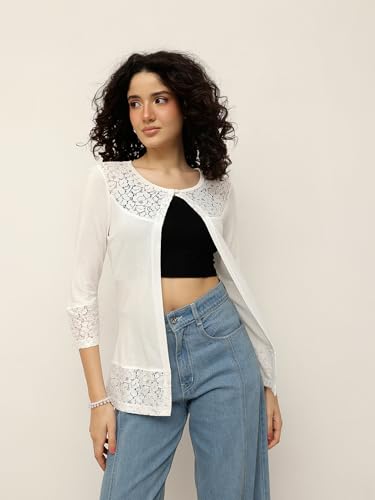 Image of ESPRESSO Women 95% Viscose 5% Spandex 3 /4th Sleeve Designer Lace Front Open Shrug