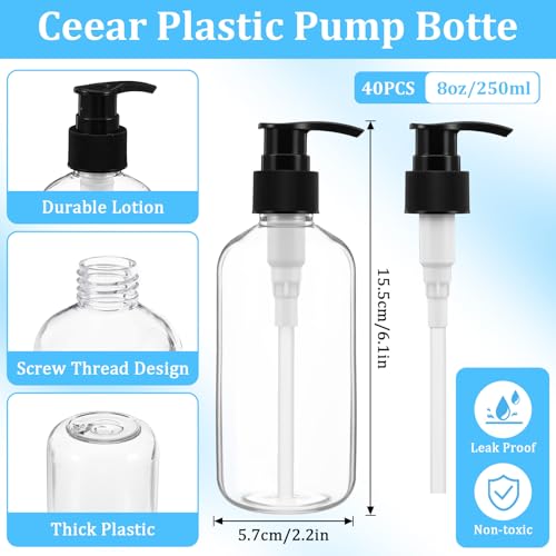 40 Pcs 8 oz Clear Plastic Pump Bottles, Refillable Lotion Dispenser Containers with Black Pumps & 10 Small Funnels,Empty Lotion Bottles for Shampoo, Body Wash, Cream & Liquid Soap2