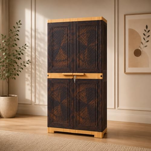 Image of Plastic Cabinet with Lockable Doors, 3 Shelves, Teakwood and AmberGold, Adjustable Shelves, Water Resistant