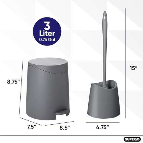 Image of Superio Bathroom Trash Can with Toilet Brush Set Grey Modern 6 Liter Small Waste Basket Plastic Step On Garbage Can and Toilet Bowl Cleaner Bathroom Accessories Set, Grey