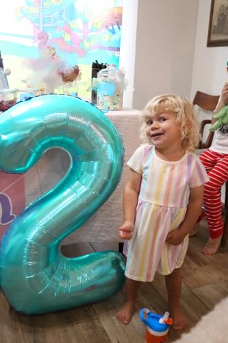 Image of 2 Balloon 40 inch Teal Blue Number Balloons for 2nd Birthday Decoration | Saturated Color, Large 40 in, With Inflation Straw & Hanging Hole, Great for Men's Party, Back-To-School Season, Pool Party