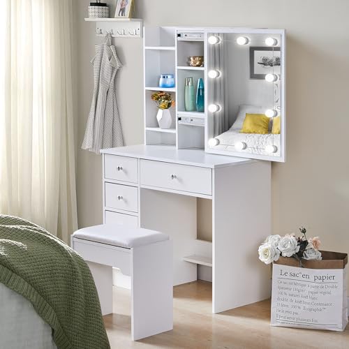 TUKAILAi Tocador de Maquillaje con Luz LED y Taburete, Escritorio de Maquillaje con 5 Cajones, Mesa de Tocador con Espejo Deslizante y 3 Estantes Blanco, Mueble de Dormitorio de Estilo Moderno