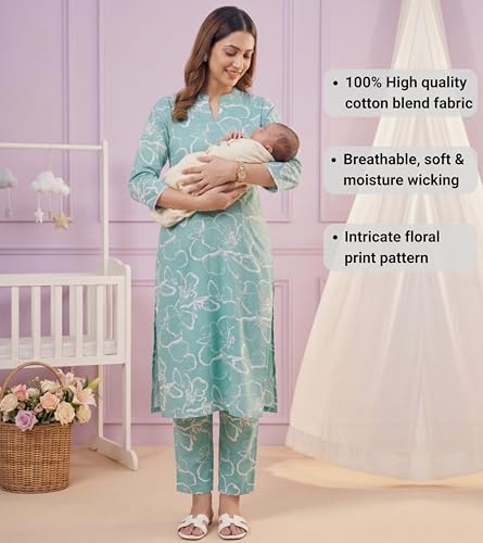 Image of DUMMY SHAPE Feeding Kurtis for Women Cotton Blend | Floral Kurta Pant Dupatta Set with Nursing Zippers to Pre & Post Partum | Maternity Dresses | Mom to Be Gifts for Pregnant Woman