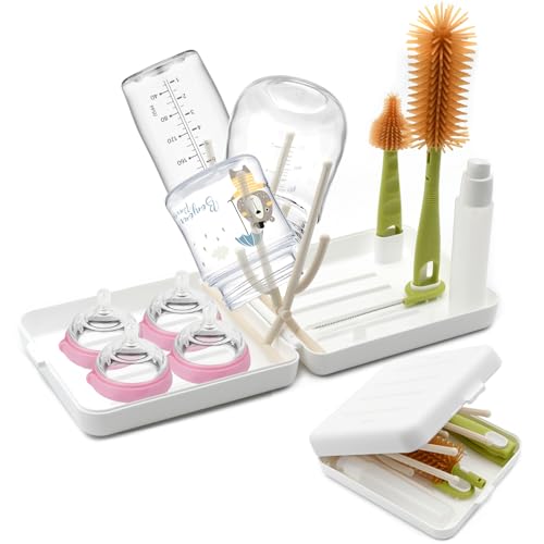 Image of Portable Baby Bottle Brush Kit Premium Silicone Bottle Cleaner Brush, Nipple Brush, Straw Brush, Soap Dispenser, Bottle Drying Rack, and a Storage Organizer Case for Both Home and Travel Uses (White)