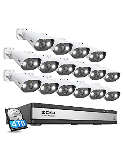 ZOSI Sistema de Cámara de Vigilancia 4K 16CH NVR PoE con 16pcs 5MP Cámara IP PoE Exterior, Visión Nocturna, Audio, Alarma de Luz y Sirena, 4TB HDD Incluido