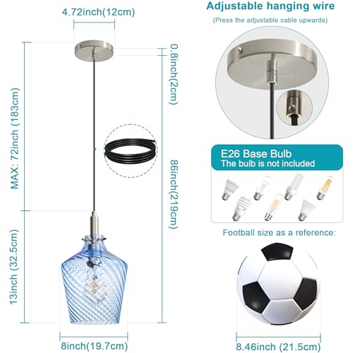 Image of Stripes Blue Glass Pendant Light for Kitchen Island Nickel 8 Inch 1 Pack