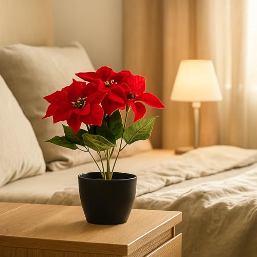 Image of Red Artificial Poinsettia Flower with Pot Decoretion in Home Office Living Room Decore Photography Kitchen Interior Table Centerpiece House Warming Gift Iteam | 30 cm