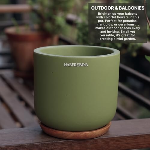 Image of Habere India-All the Cultures Fabricating India Plant Pot with Wooden Plate | Flower Pots for Dining Table & Home Decor | Terracotta Pot for Living Room Decoration (Green, Dia11 x H9.5 cm)