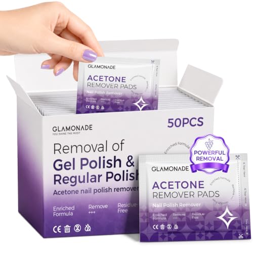 Glamonade Nail Polish Remover Pads: Acetone Gel Nail Polish Remover Wipes 50 PCS Professional Individually Wrapped Wet Wipes Rapidly Remove Gel/Fingernail Polish Travel Kit for Home & Salon Supplies