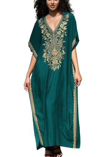 YouKD Caftano floreale ricamato, bohémien, costume da spiaggia, copricostume lungo da donna, K Green, Etichettalia unica