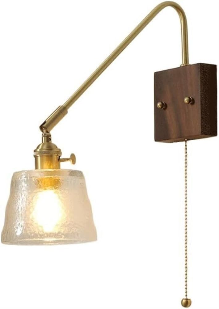 HPTHLY Vintage Gold Rustic Wall Sconce, Water Glass Wall Lamp With Pull Chain Switch, Farmhouse Wood Wall Light, Swinging Arm Reading Light For Bedroom, Bedside, Headb