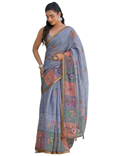 Image of SIRIL Women's Cotton Linen Printed Zari Border Saree with Unstitched Blouse Piece