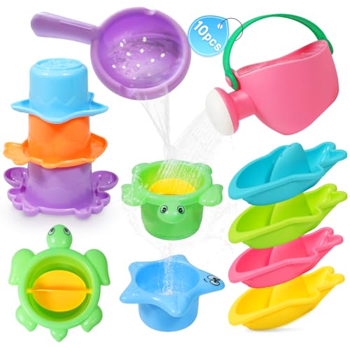 Image of BAYMI 10PCS Baby Bath Toys for Kids Ages 1-3 – Easy-to-Clean Bathtub & Pool Water Toys for Toddlers 1-3 and Babies 12-18 Months, with Floating Boats, Stacking Cups and Pouring Fun