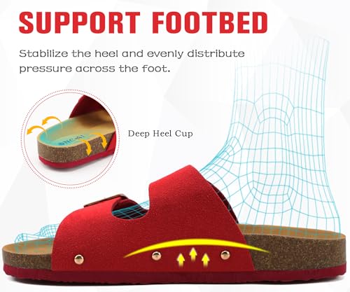Image of ONCAI Womens Flat Slide Sandals with Arch Support 2 Strap Adjustable Buckle Slip on Slides Shoes Non Slip Rubber Sole