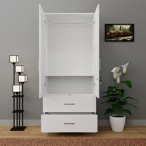 Image of VIKI Wardrobe | Wooden Almirah for Clothes,Door for Bedroom, 2 Door Wardrobe with Drawer & Hanging Space (Frosty White - 40D x 80W x 180H) | 1 Year Warranty | Free Assembly