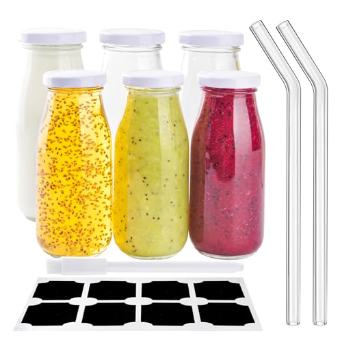 6 x Glasflaschen 250ml Milchflaschen mit Deckel, Leere Kleine Glasflaschen für Saft Smoothie, Likörflaschen Flaschen zum Befüllen Mini Gläser mit Glas Strohhalme für Getränke, Hochzeiten Dekoration