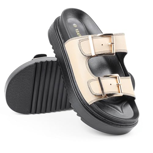 Image of Chunky Platform Sandals for Women, Waterproof Non-Slip Rubber Sole, Adjustable Double Buckle, Arch Support Open Toe Slide Sandals, Comfortable Black Wedge Sandals for Women