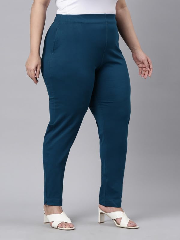 Image of GO COLORS Women Solid Turquoise Blue Mid Rise Regular Fit Kurti Pants