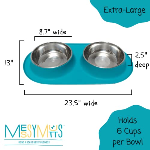 Messy Mutts Double Silicone Feeder With Stainless Bowls | Non-Skid Food Dishes For Dogs For All Pets | Dog Food Bowls | Extra-Large, 6 Cups Per Bowl | Blue #TOP1