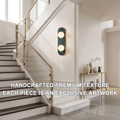 Image of Modern Green Marble Wall Sconce, Natural Stone Wall Lamp with Etched Opal Glass Shade, Mid-Century Minimalist Hardwired Wall Light for Bathroom Vanity, Bedroom, Living Room, Hallway 17.7in