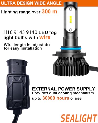 Image of SEALIGHT 9006 /HB4 Fog Light Bulbs, 6500K Cool White, CSP Chip Technology, IP67 Waterproof, Plug and Play for Fog Lights & DRL (Pack of 2)
