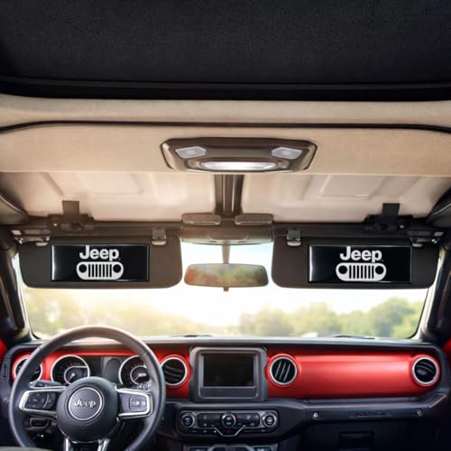 Image of SR1 USA Jeep Wrangler Sun Visor Label Cover Decals with Grille Logo - Set of 2 Gloss Black Domed Emblem Interior Overlays for Jeep Wrangler JK JL JLU