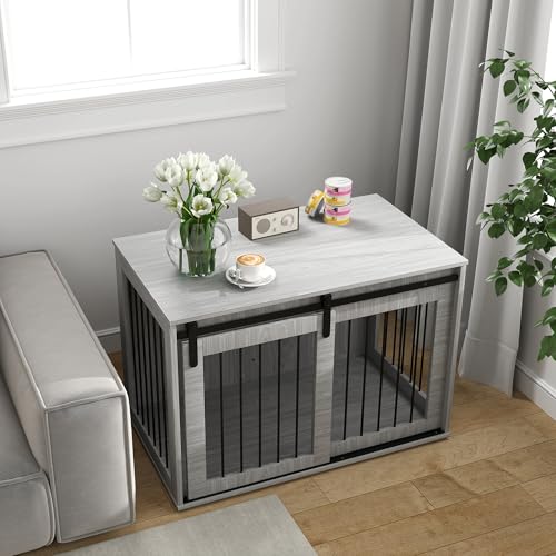 PawHut Hundekäfig 98 cm Hundebox für Zuhause mit Abschließbar Schiebetüren Moderne Metall Indoor Hundehütte für große Hunde Hundehaus 98 x 58 x 61 cm Grau