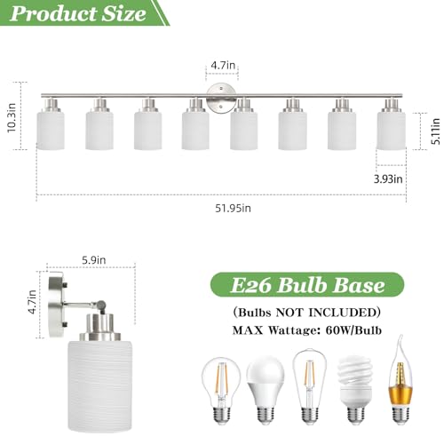 Image of 8-Light Vanity Lights, Brushed Nickel Bathroom Light Fixture with Striped Textured Milky White Glass Shade, E26 Modern Vanity Lighting Fixture for Bathroom Wall Sconce Light Over Mirror