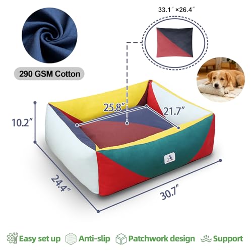 Image of Cotton Canvas Dog Bed, Cute Dog Bed Medium Size Dog, Puppy Bed with Washable Removable Cover, Durable 290 GSM Cotton Anti-Chewing Pet Bed with Anti-Slip Bottom (30 inchx25 inchx10 inch, Red&Yellow&Green)