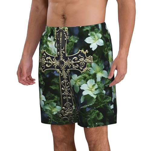 Men's Swim Trunks Black Cross Among Green Flowers Quick Dry Board Shorts Mens Bathing Suit Beach Swimwear with Pockets4