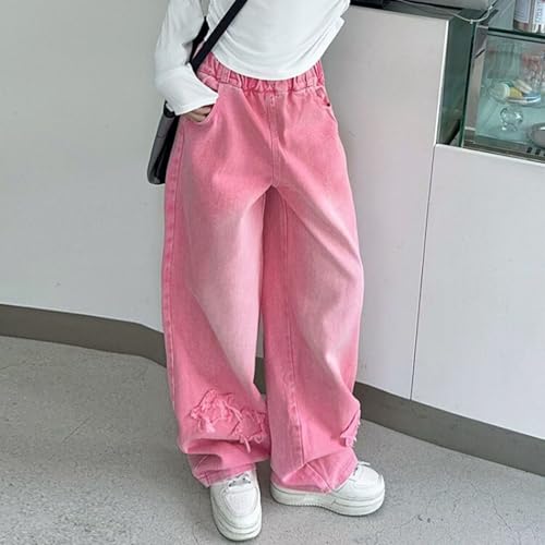 Girl Baggy Jeans Elastic Waisted Wide Leg Loose Casual Denim Pants with Star Embroidered Cute Pants for Tween Girls2