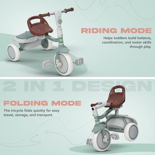 Baybee Trikidz 2 in 1 Baby Tricycle for Kids, Foldable Kids Cycle with Adjustable Seat, Back Rest & Storage Basket for Toys | Portable Baby Cycle Trikes | Tricycles for Kid 2 to 5 Years (Green) - Image 6