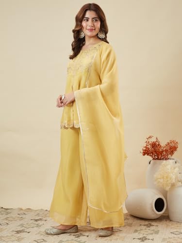 Image of MOKOSH Women's Silk Embroidered Peplum Kurta Sharara with Dupatta | Kurta Set | Ethnic Wear |Round Neck Full Sleeve Kurta | 3 Piece Outfit |Embroidered