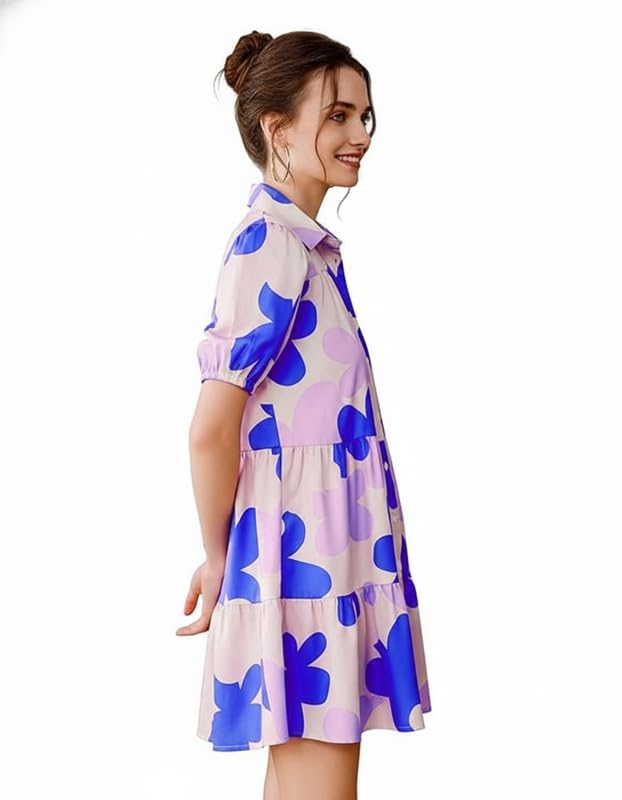Image of Women's Fit and Flared Shirt Midi Dress with Collar Neck & Short Sleeves - Rayon Casual Dress