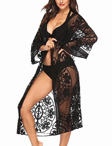 Womens Beach Cover Up Cardigan Sexy Summer Sheer Open Front Long Lace Black