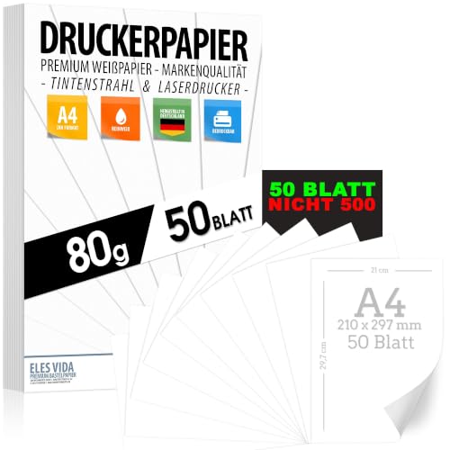 Druckerpapier A4 80g weiß 50 Blatt - PREMIUM PAPIER Reinweiß - DIN A4-21 x 29 7 cm - Kopierpapier Laserdrucker & Tintenstrahl für Uni Fotografie Präsentationen Ideal für Büro & Office - 50 BLATT